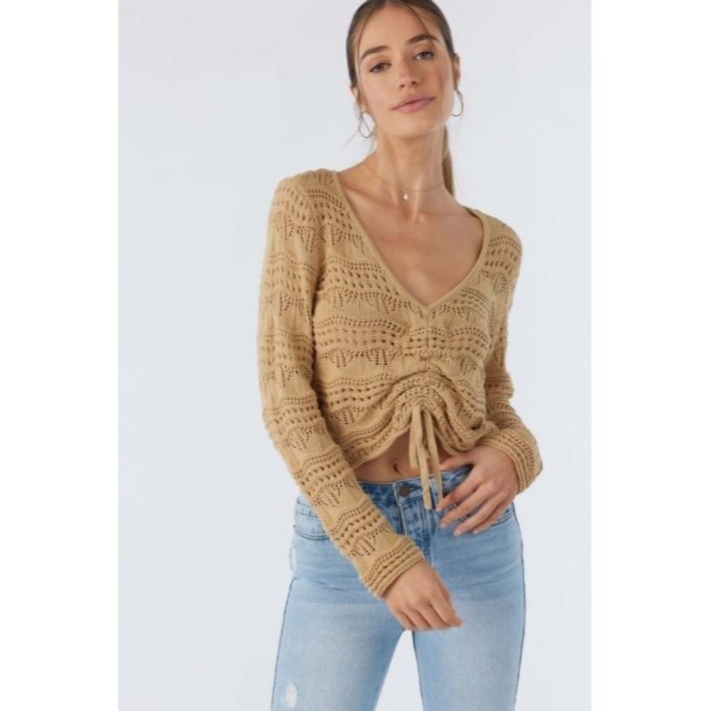 O'Neill Harbor Sweater Khaki Small | Cropped Drawstring Knit Top | NWT